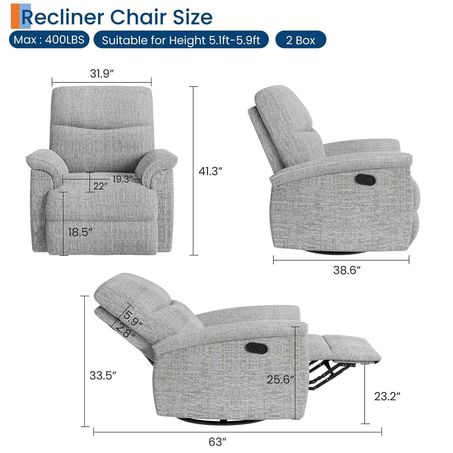 GarveeHome 360° Swivel Rocker Glider Nursery Recliner Chair, Chenille Upholstered with Padded Armrest & Deep Seat, Manual Reclining Sofa for Living Room, Bedroom, Nursery (Light Gray)