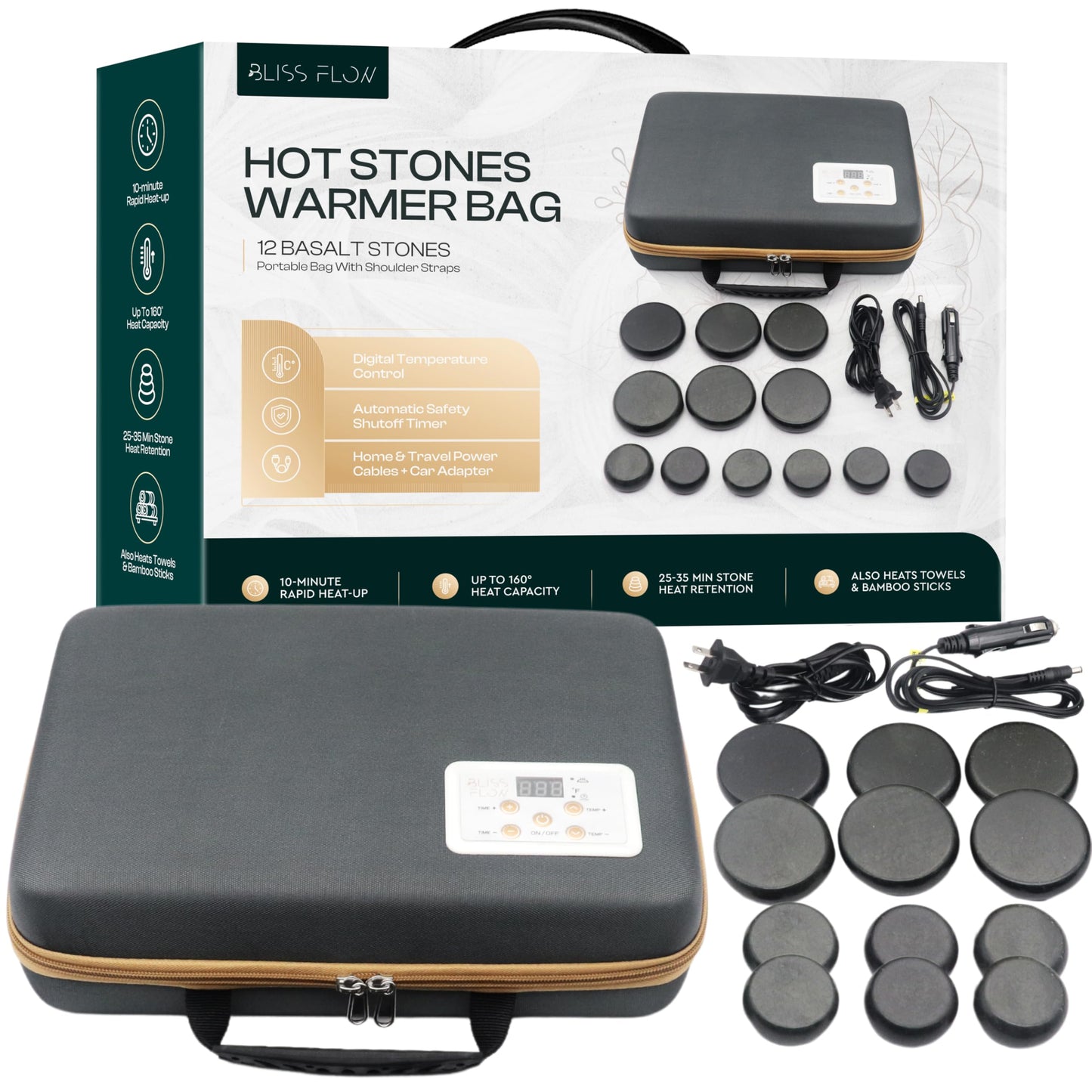 BlissFlow Hot Stones Massage Set with Portable Warmer, 12 Basalt Massage Stones, Hot Rocks Massage Stones, Hot Stone Warmer with Bag and Built-in Digital Control