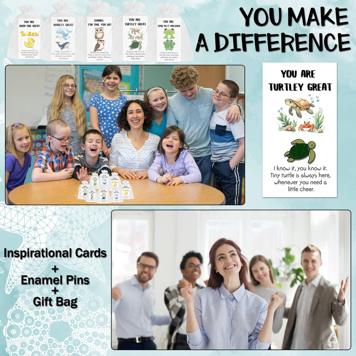 SOWPOPY 25/50/100 Sets Employee Appreciation Gifts Bulk Small Staff Thank You Gift with Inspirational Cards, Cute Animal Lapel Pins Team Appreciation Ideas for Office Coworkers, Teachers, Students