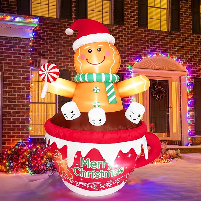 FRAMICS 7 FT Christmas Inflatable Gingerbread Outdoor Decorations, Gingerbread Man in Hot Cocoa Mug Inflatable, Cute Blow Up Yard Inflatable for Party Garden Lawn Yard Gifts Outdoor Indoor