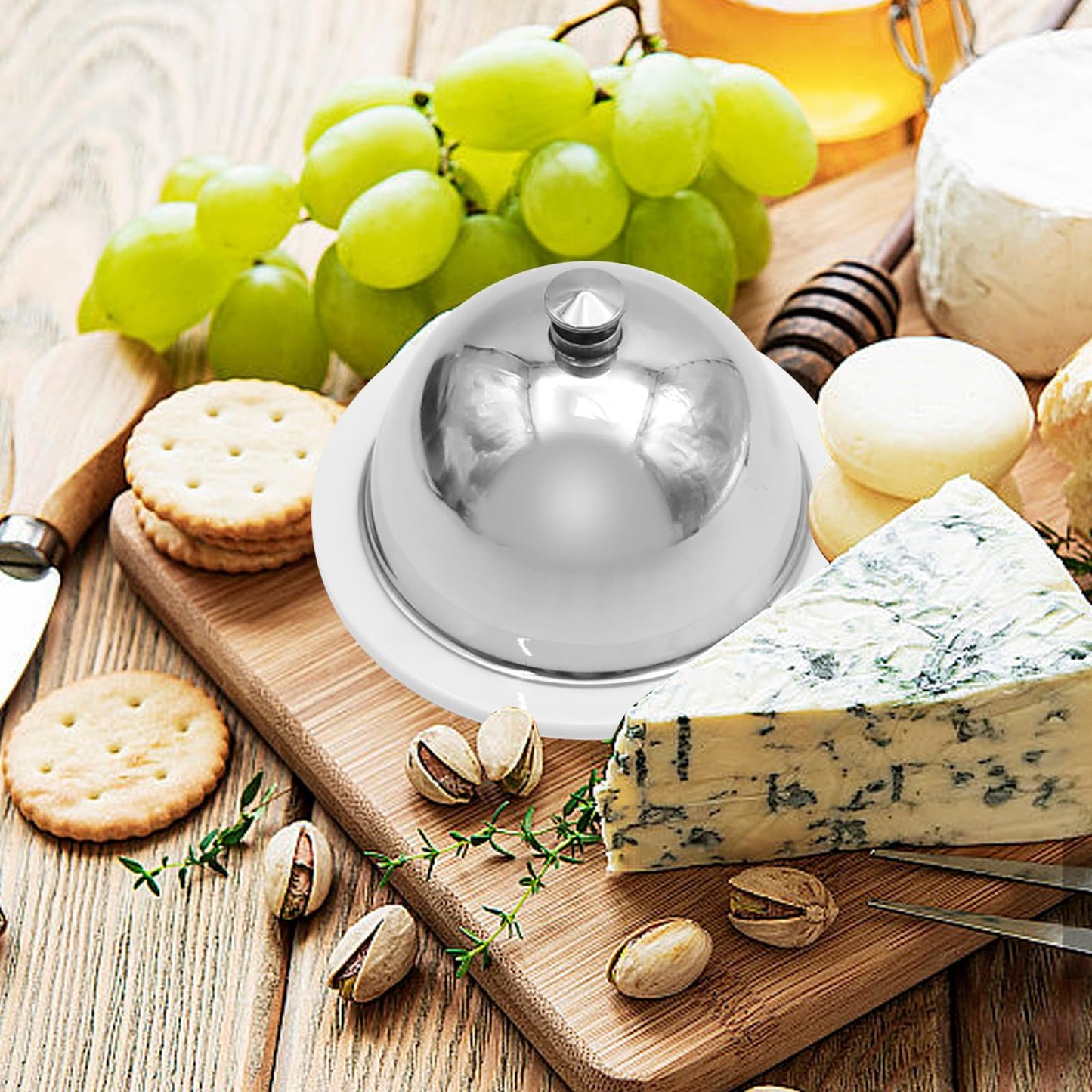 EATAKWARD Ceramic Butter Dish with Stainless Dome Cover, Cheese Dish with Lid, Small Cheese Plate Serving Tray with Silver Handled Lid for Countertop, Dessert, Cupcake, Cream Cake, Appetizer