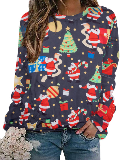 MOUSYA Christmas Sweatshirt Women Funny Ugly Christmas Pullover Shirt Xmas Holiday Santa Prints Long Sleeve Tops Grey