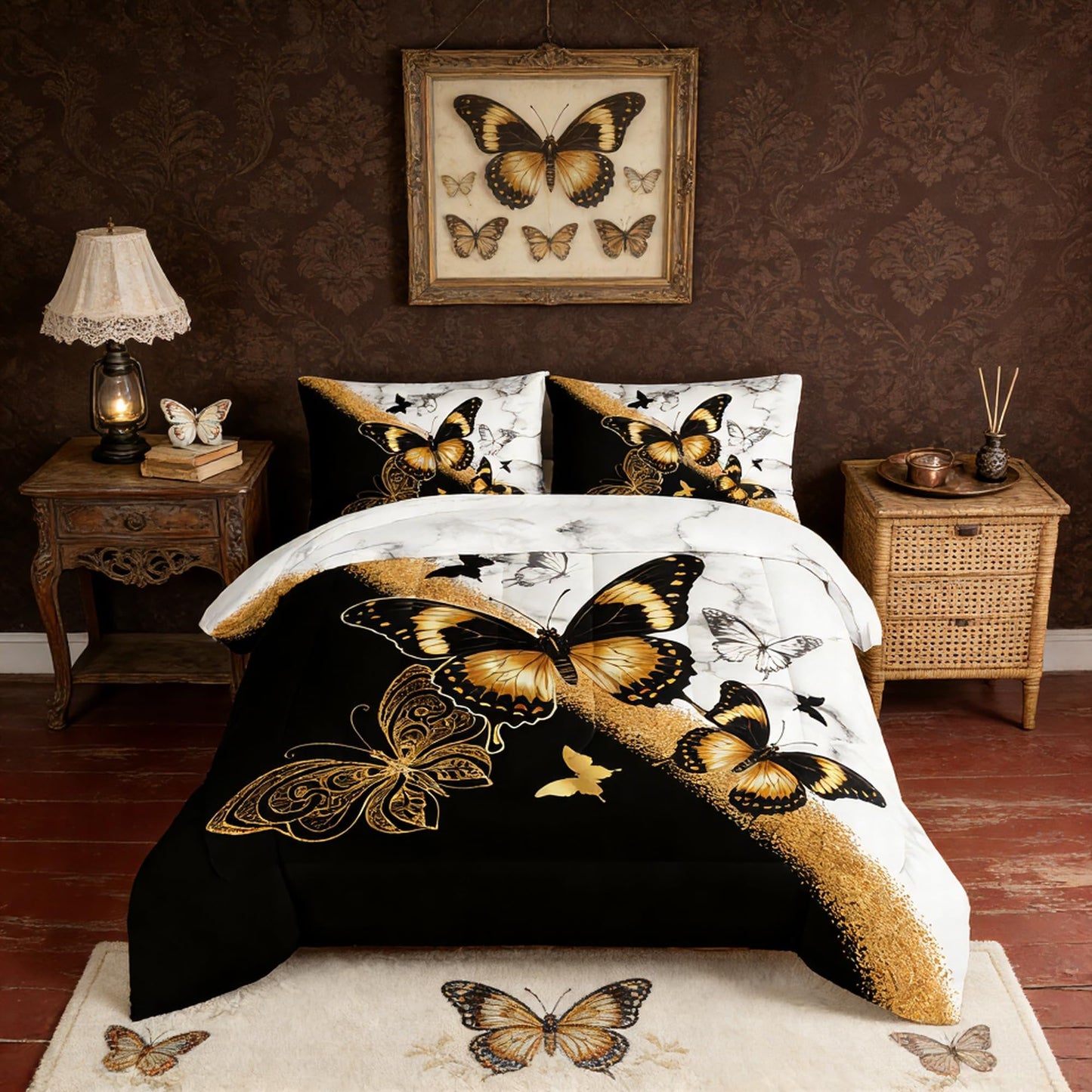 UEVBF Kids Bedding Twin Size Comforter Set,Black and Gold Butterfly Bedding Comforter Sets for Boys Girls Room Decor,Animal Themed Artistic Aesthetic Bedding Sets with 2 Pillowcases.