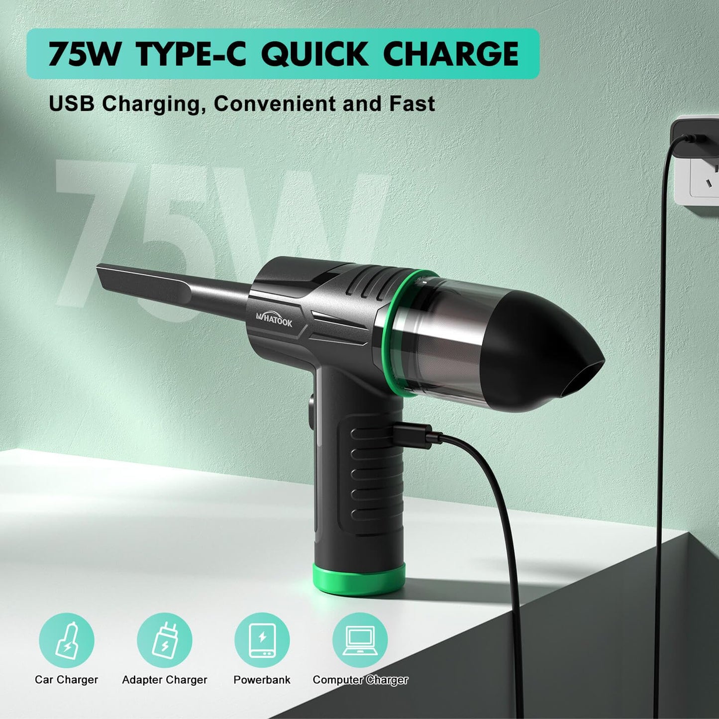 2-in-1 Computer Vacuum Cleaner，Compressed Air Duster Blower，100000 RPM & 10 Kpa Cordless Car Hoover, Portable Handheld Keyboard Cleaner Kit for PC Computer Desk Dust Cleaning，Green