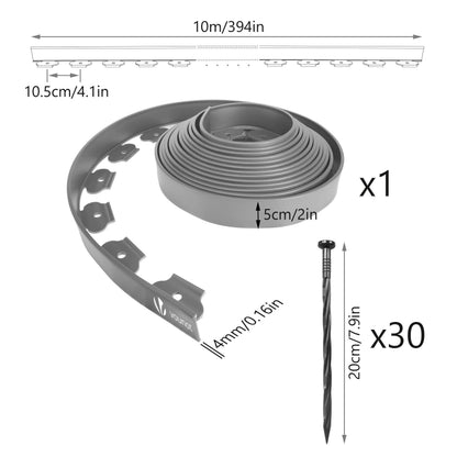 VOUNOT 10m Flexible Lawn Edging, Plastic Garden Edging Border with 30 Strong Securing Pegs, Height 5cm, Grey