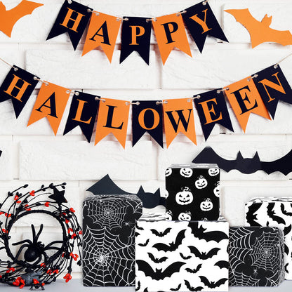 Whaline 120 Sheet Halloween Tissue Paper Black and White Wrap Tissue Paper with Cobweb Bat Pumpkin Pattern Gift Wrapping Paper for Fall Halloween Party Gift Packing DIY Craft, 13.8 x 19.7 Inch