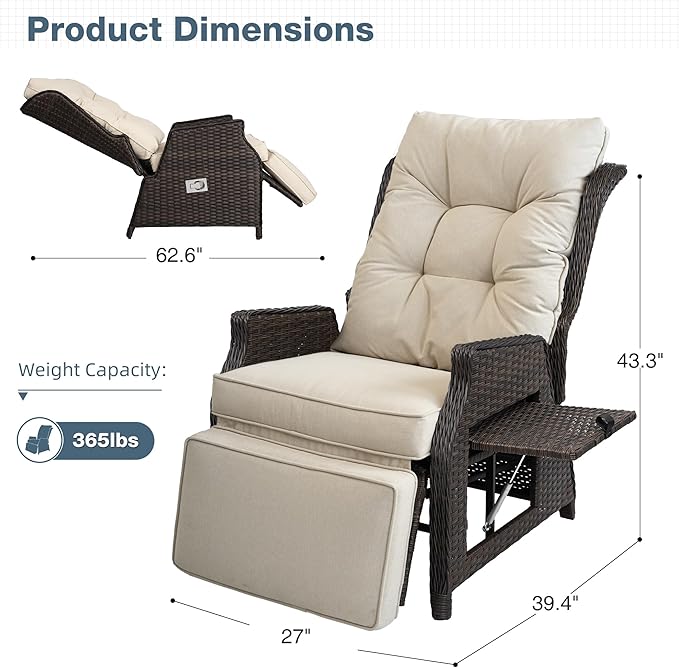 Outdoor Indoor Wicker Recliner with Adjustable Back and Footrest, Patio Reclining Chair with Flip-up Table, Outdoor Rattan Lounge Chair, Beige 2PCS
