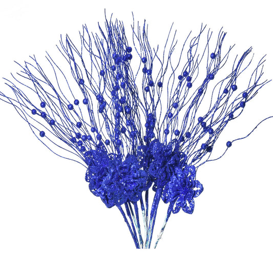 FuleHouzz 10pcs Artificial Glitter Poinsettia Flower Berry Stem Ornaments Christmas Tree Picks Branches for Xmas Tree Decorations Gift Home Wedding Holiday Party Decor, Royal Blue