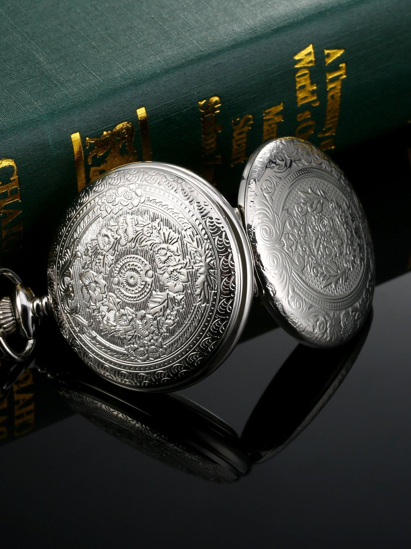 Quartz Pocket Watch for Men with Black Dial and Chain (Silver)