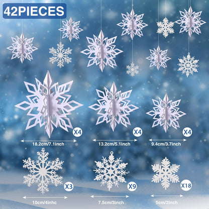 Outus 42 Pcs Winter Christmas Party Decorations 3D Snowflake Hanging Decoration Set 3D Hanging Snowflake Decor Pendant for Christmas Winter Party New Year Home(2 Inch, 3 Inch, 4 Inch,White)