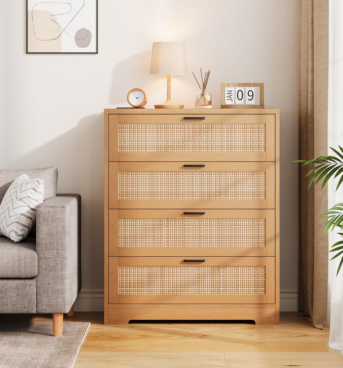 GarveeHome Rattan Dresser, Tall Chest of Drawers, Wood Dresser for Bedroom, Closet, Living Room, Hallway (Natural, 15.8" D x 31.5" W x 38.6" H (4 Rattan Drawers))