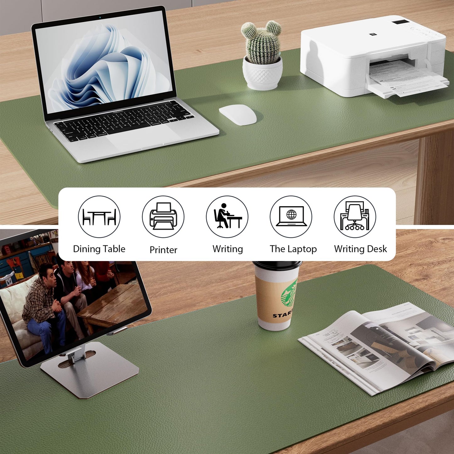 Aothia Leather Desk Pad Protector, Mouse Pad, Office Desk Mat, Non-Slip PU Leather Desk Blotter, Laptop Desk Pad, Waterproof Desk Writing Pad for Office and Home (23.6" x 13.7", Olive Green)