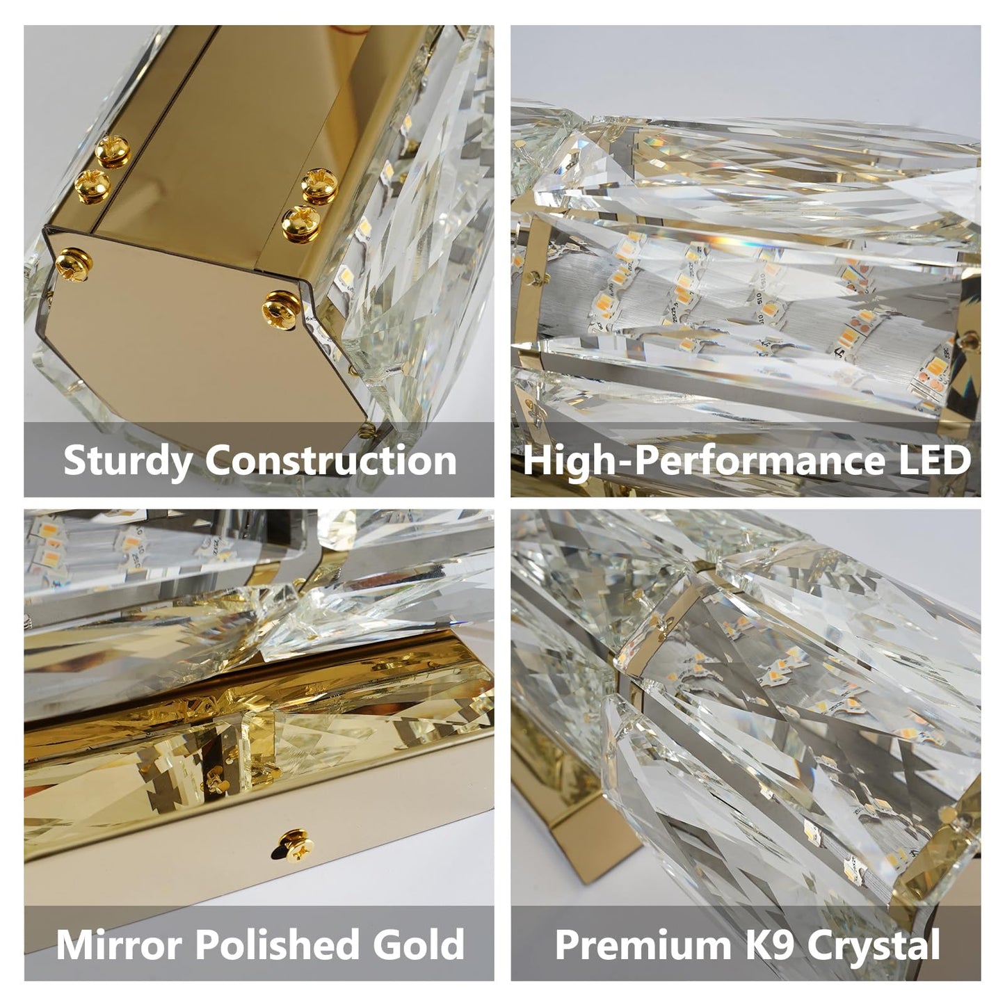 passong Gold Crystal Wall Sconces, Dimmable LED Wall Light Fixtures with Remote, Modern Luxury K9 Crystal Vanity Lighting for Bedroom Bathroom Living Room Hallway Stairway, Hardwired 3000K-6000K