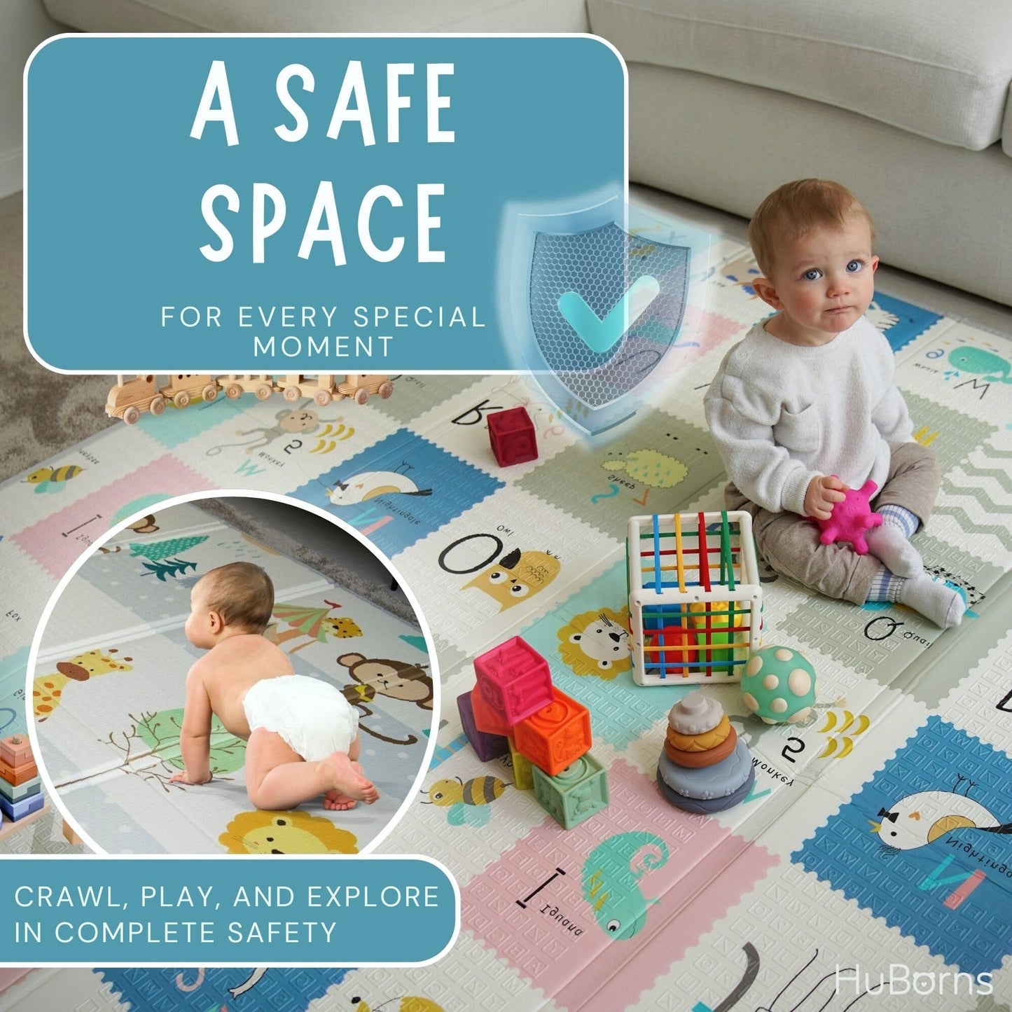 HuBorns - Foldable Baby Play Mat 200x180 cm - Reversible and Padded Baby Foam PlayMat with Stitched Edges - Waterproof Baby Mats for Floor Play - Anti-Fall Thick PlayMatt (Animals)