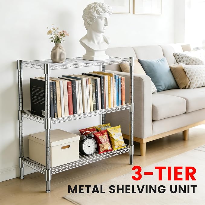 Xcity Storage Shelves, 3 Tier Heavy Duty Metal Shelving Unit, 1200 LBS Capacity Adjustable Steel Wire Shelf Organizer for Pantry, Kitchen, Garage, 14" D x 36" W x 36" H, Chrome