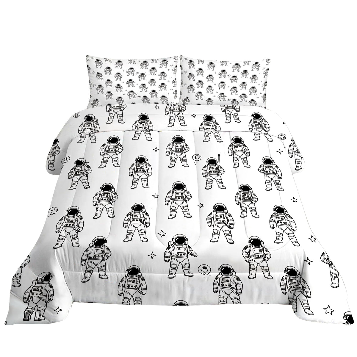 VTKON Black and White Astronaut 3Pcs Comforter Set for Boys, Queen Size Spaceman and Star Bedding Set, Line Print Galaxy Bed Sets for Kids Bedroom with 2 Pillowcases