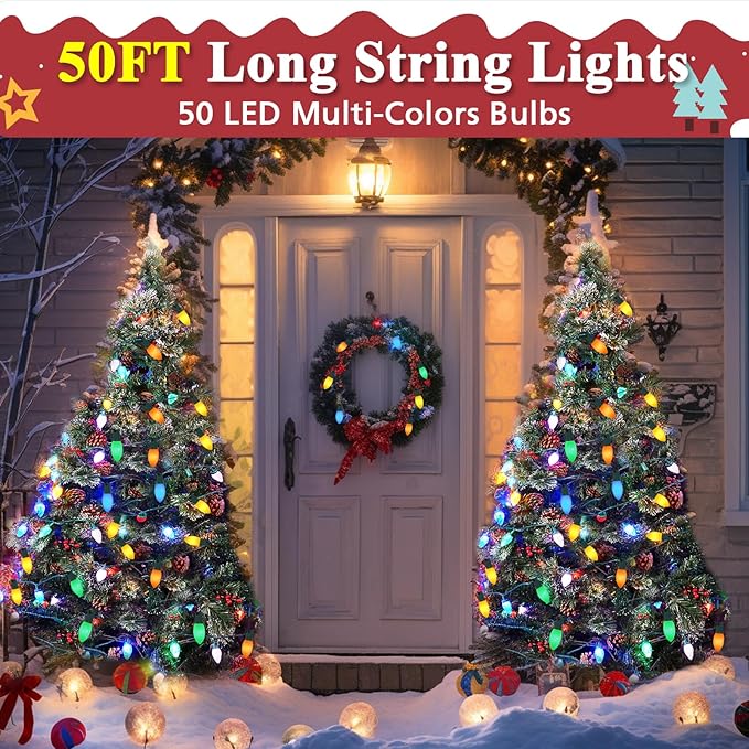 Vintage C9 Multicolor Outdoor Christmas Lights, 50FT 50LED Commercial Christmas String Lights Waterproof, C9 Xmas Lights Extendable for Holiday Party Christmas Tree Roofline Patio Backyard Decoration