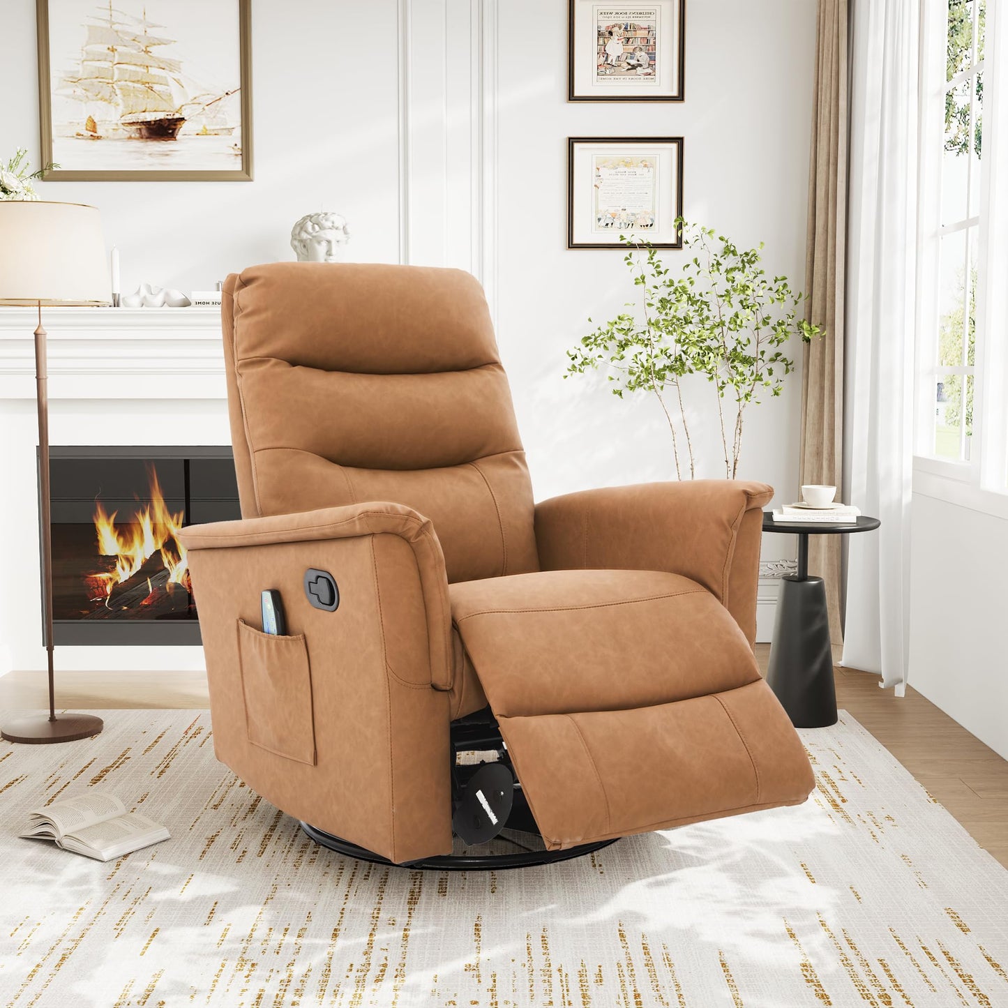 Merax Manual Recliner Chair Rocking & 270° Swivel Recliner with 8-Point Massage Function and Adjustable Backrest, Brown PU Leather Recliner for Living Room, Nursery, Bedroom, Brown