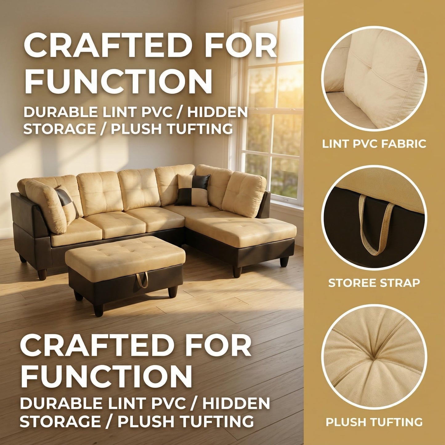 NicBex Sectional Couch 3 Pieces Sofa Set, L-Shaped Modular Couches for Living Room, Furniture Sets with Lounge Chaise & Storage Ottoman, Multi-Scene Use for Apartment & Office, Black+White