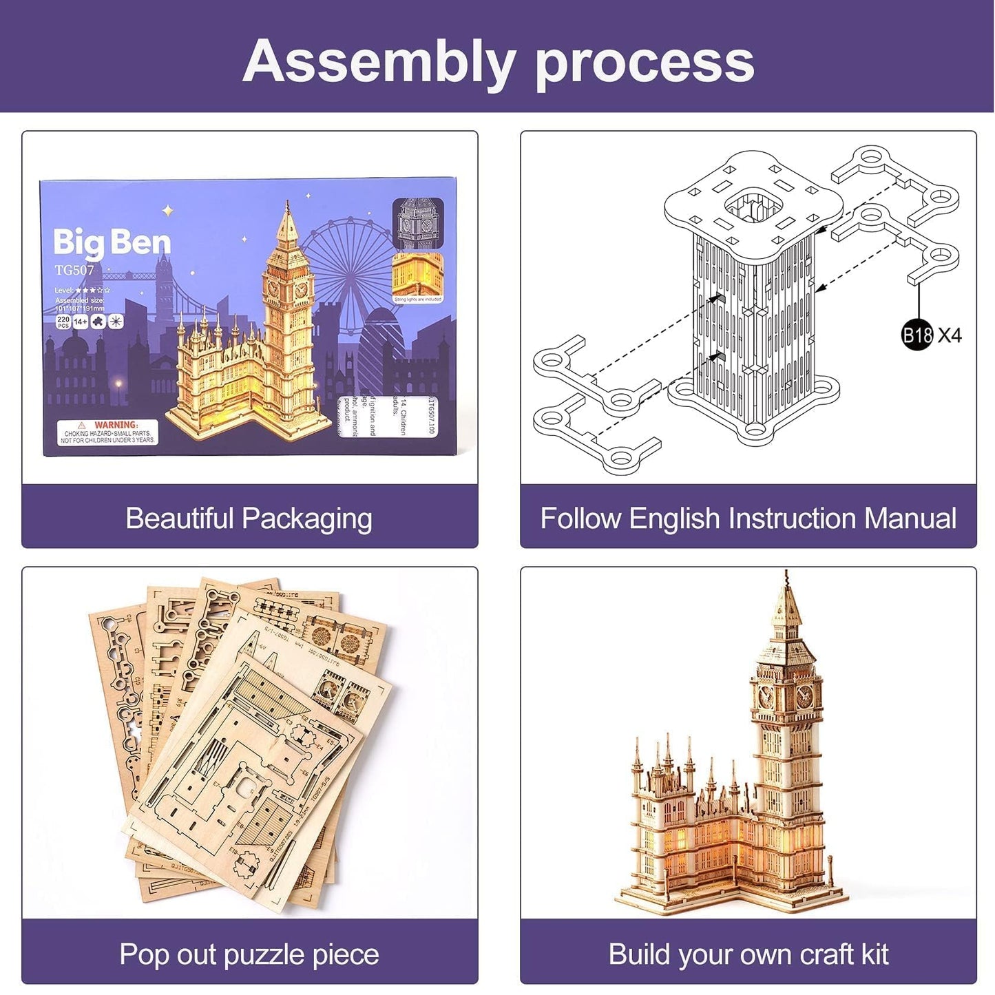 ROWOOD 3D Wooden Puzzle Big Ben Model Kit for Adults to build, DIY Wooden Model Building Construction Craft Kits, Ideal as Christmas And Birthday Gift