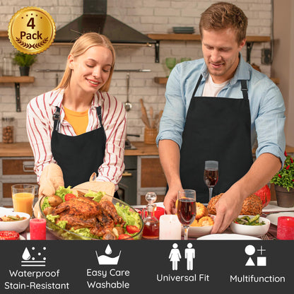 4 Packs Chef Apron, Waterproof Catering Apron with 2 Pockets, Adjustable Work Aprons Perfect for Kitchen Cooking Painting Gardening Cleaning Restaurant BBQ, Personalised Aprons (Black)
