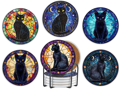Onebttl Black Cat Gifts for Women, Black Cat Merch Coaster, Set of 6, Ceramic, Absorbent with Cork Base