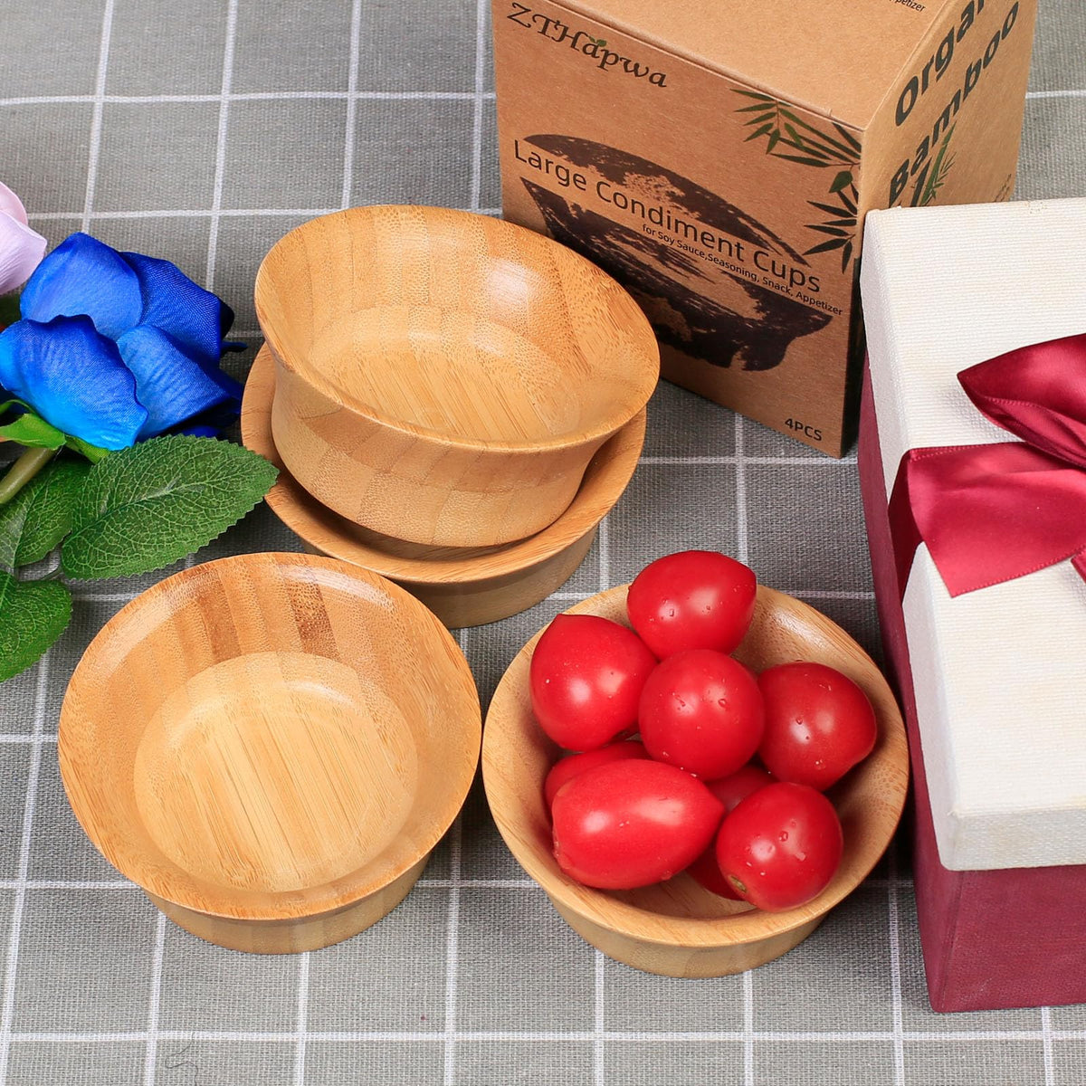ZTHapwa Bamboo Wooden Bowls, 4.7 OZ Serving Fruit Snack Bowls for Dinnerware Kitchen, Handmade Pinch Bowl Ramekins for Side Dishes/Dessert/Condiment, Set of 4