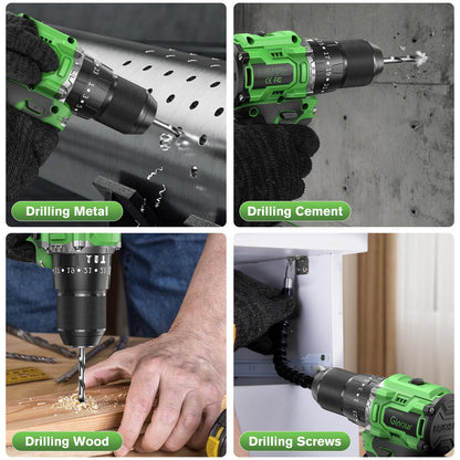 Ginour 21V Brushless Cordless Combi Drill Set, 2x1.5Ah, Hammer Drill 50Nm, compatible with Makita 18V Battery, 23+3 Torque, 2 Speed, 48PCS Electric Screwdriver kit, Impact drill for Masonry Wood Metal