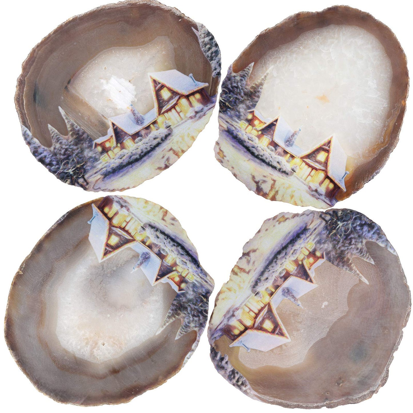 mookaitedecor Natural Agate Slice Art Print Village Life Figure Table Display with Wooden Stand, Irregular Agate Geode Stone Figurine for Office & Home Decoration