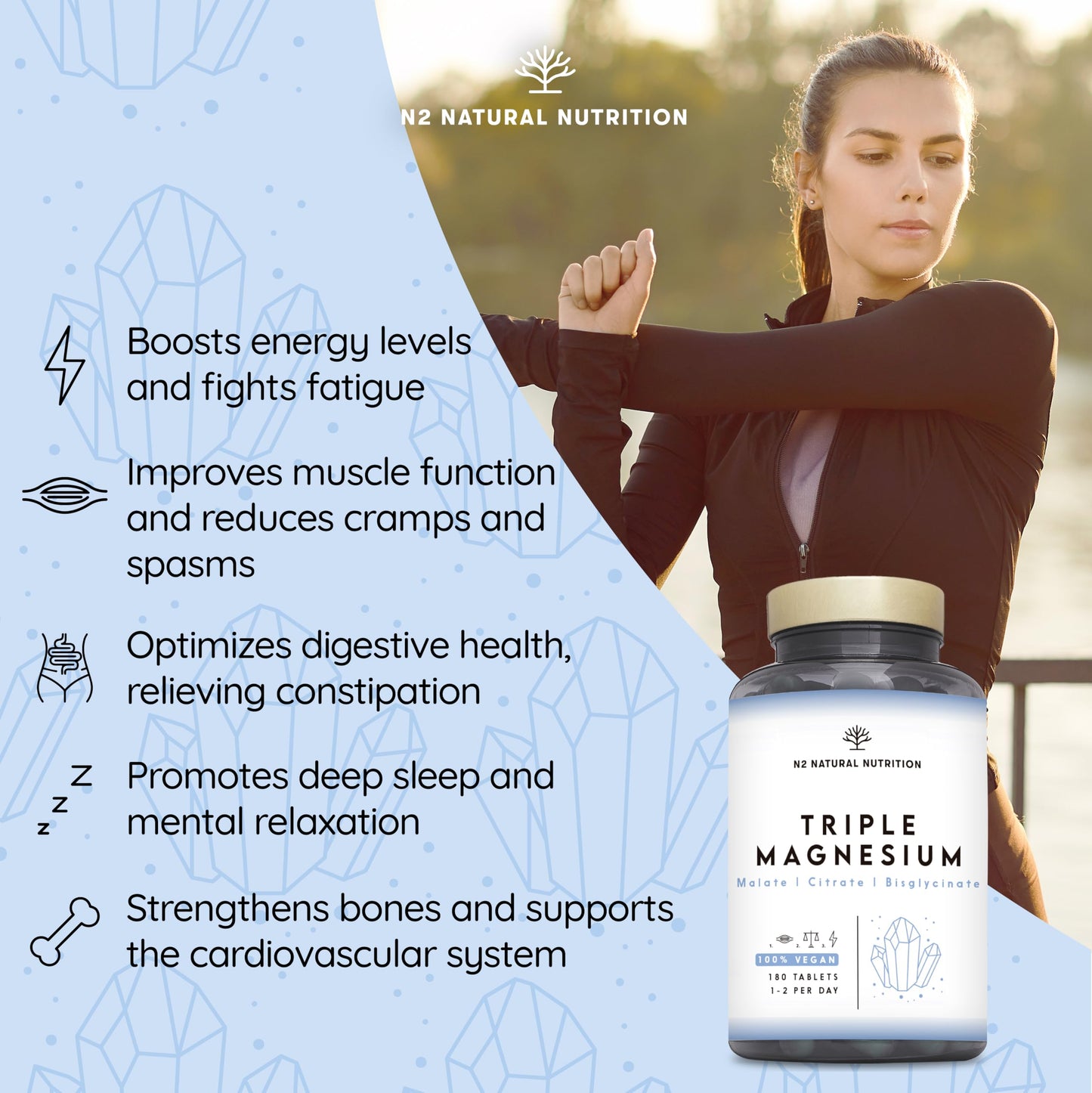 Triple Magnesium Glycinate 3-in-1 (6 Months) 2640 mg Magnesium, Synergistic Complex with Malate, Citrate, Bisglycinate for Sleep, Energy, Muscles and Bones. 180 Tablets. N2 Natural Nutrition