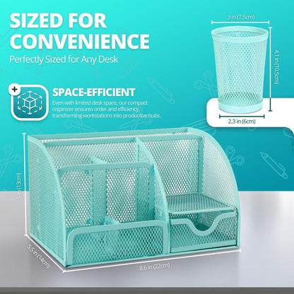 Flexzion Desk Caddy Organizer Set (Green) - Metal Mesh Desktop Caddy with Drawers, 6 Compartments, and Pencil Holder for Women & Men - Desktop Organizer and Storage for Work or Office Supplies