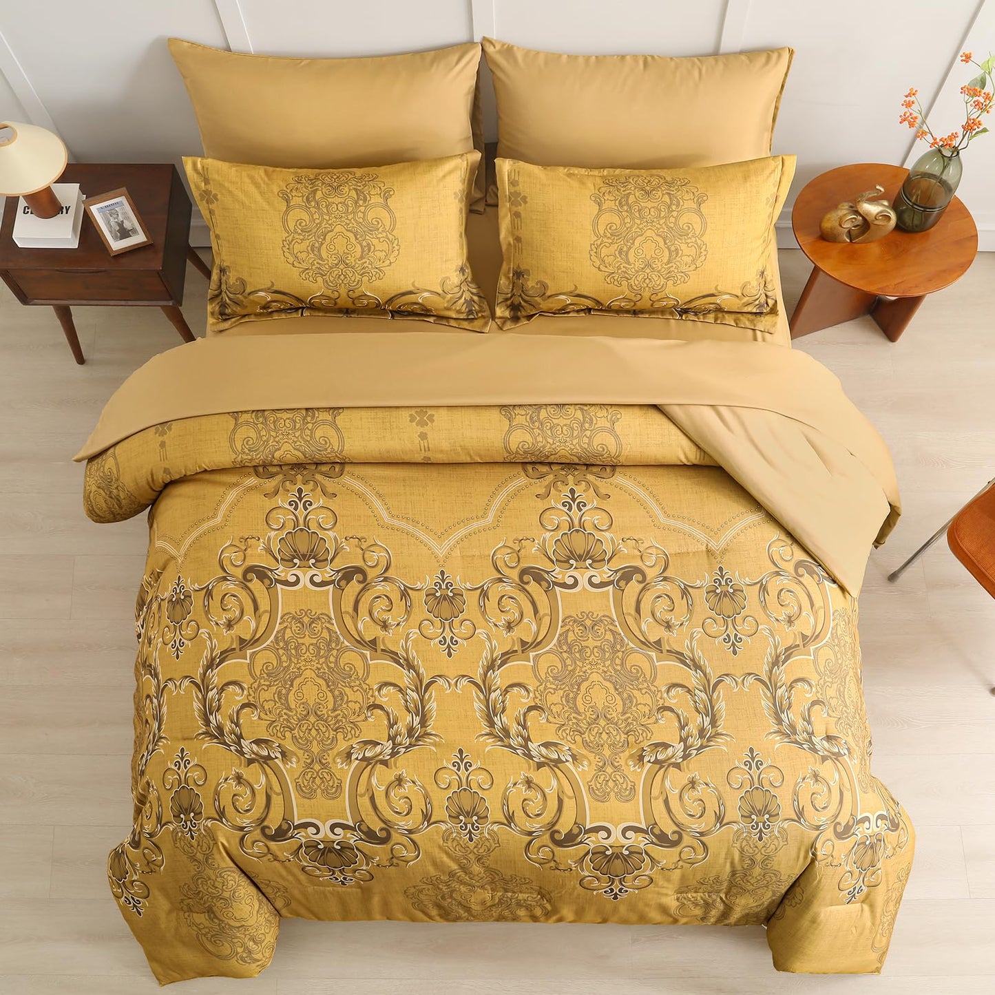 Mybedsoul Gold Queen Comforter Set, 7 Pieces Boho Bed in a Bag for Queen Bed, Damask Comforter with Sheets Pillowcases, Soft Microfiber Lightweight Bedding Sets for All Season(90"x90")