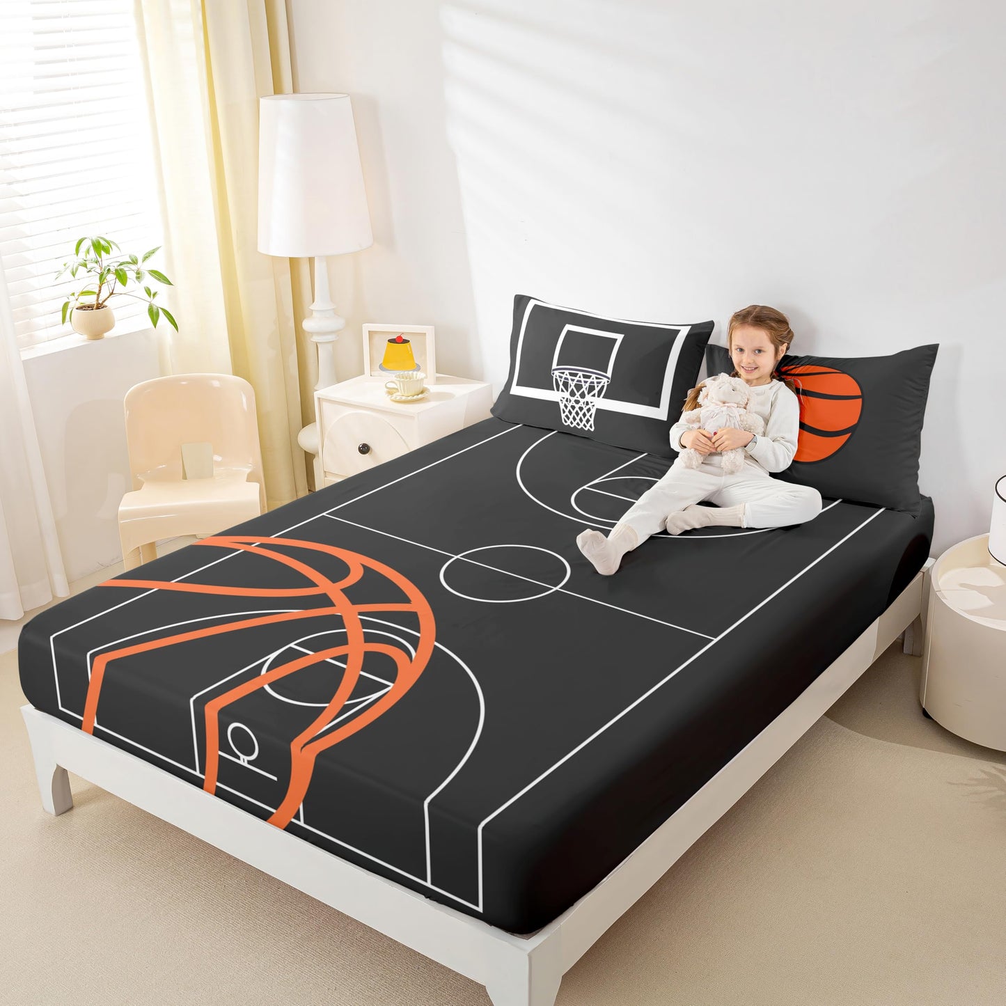 Basketball Court Print Fitted Sheet Set Full Size 4Pcs,Ball Sports Games Themed Bedding Set(1 Fitted,1 Flat,2 Pillows),Orange Basketball and Hoop Deep Pocket Bed Sheets for Girls Teens Room