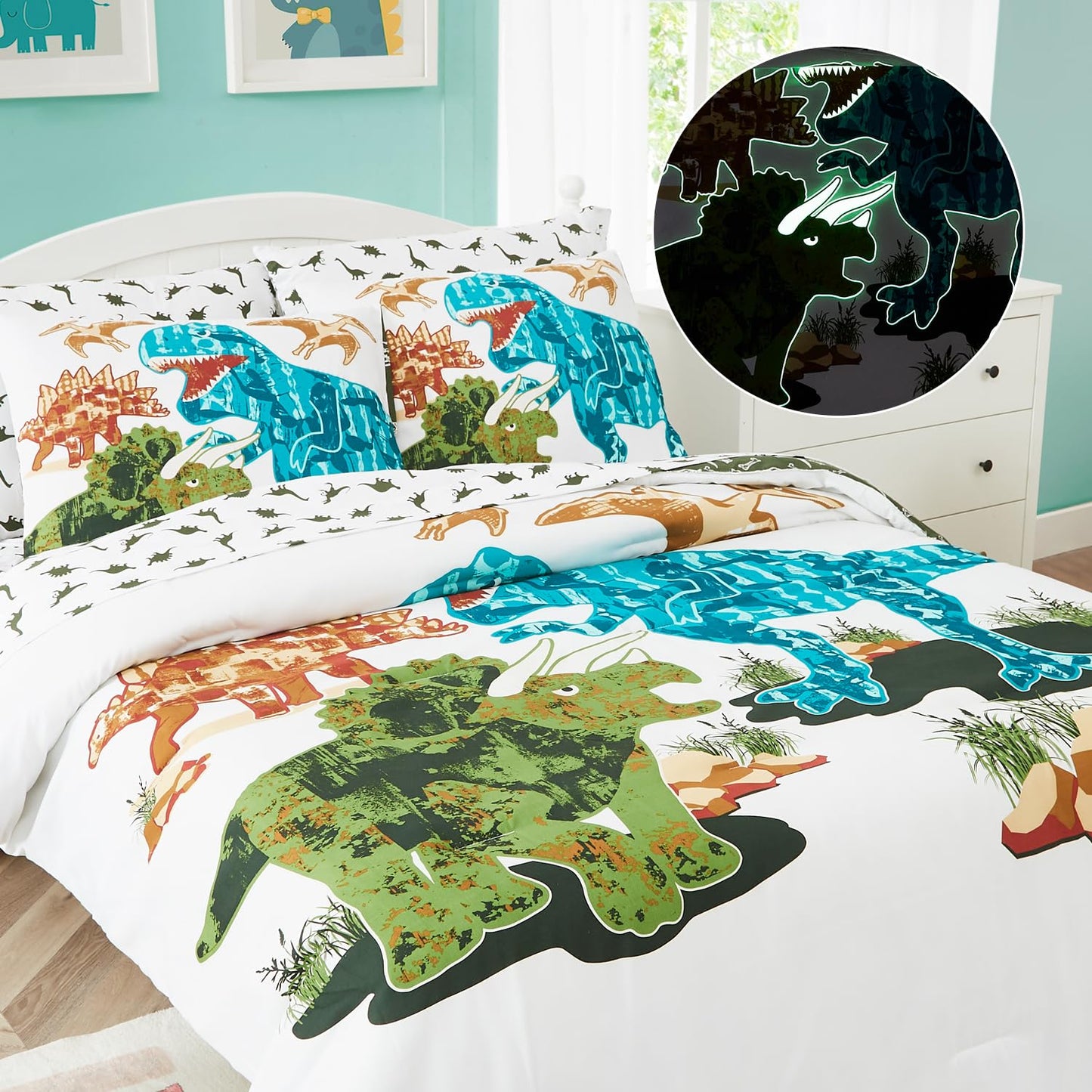 Kaleido Space Twin Kids Comforter Set - 5 Pieces Twin Bedding Sets for Boys Teen, Glow in The Dark Dinosaurs Bed in A Bag with Sheets