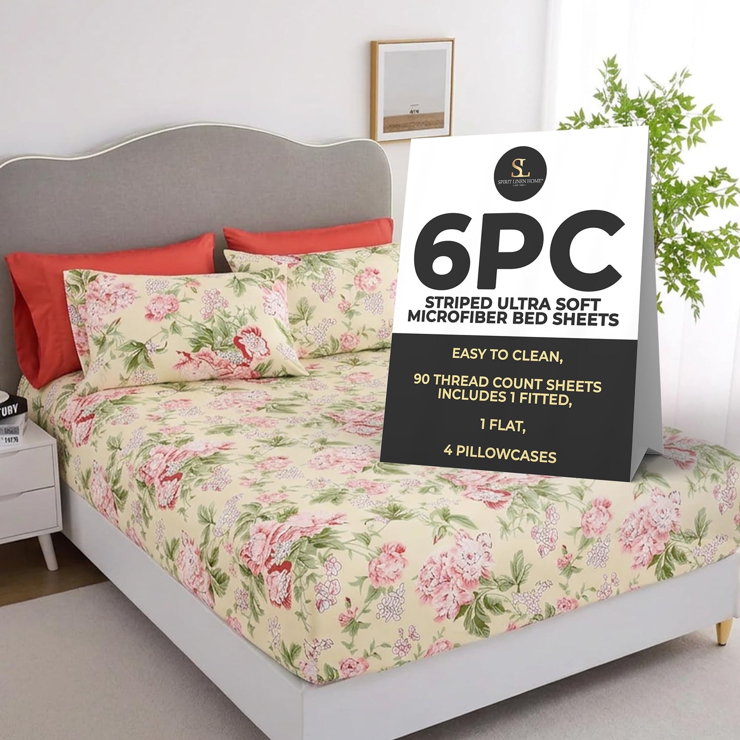 Spirit Linen home 6-Piece King Size Bed Sheet Set - Deep Pocket, Floral Pattern, Soft and Breathable Bed Sheets, Microfiber Material, Includes 1 Fitted, 1 Flat, 4 Pillowcases - Rose Floral Design