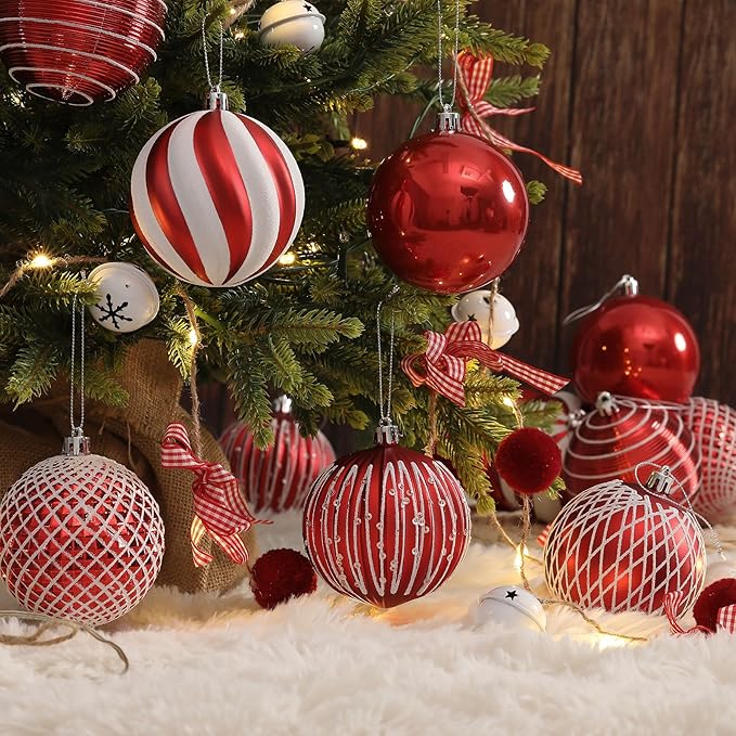 SHareconn 80mm Christmas Balls Ornaments,12PCS Colored Shatterproof Plastic Decorative Hanging Tree Decorations Baubles Set for Xmas Tree Decor Holiday Party Wedding Decoration with Lanyard, Red&White