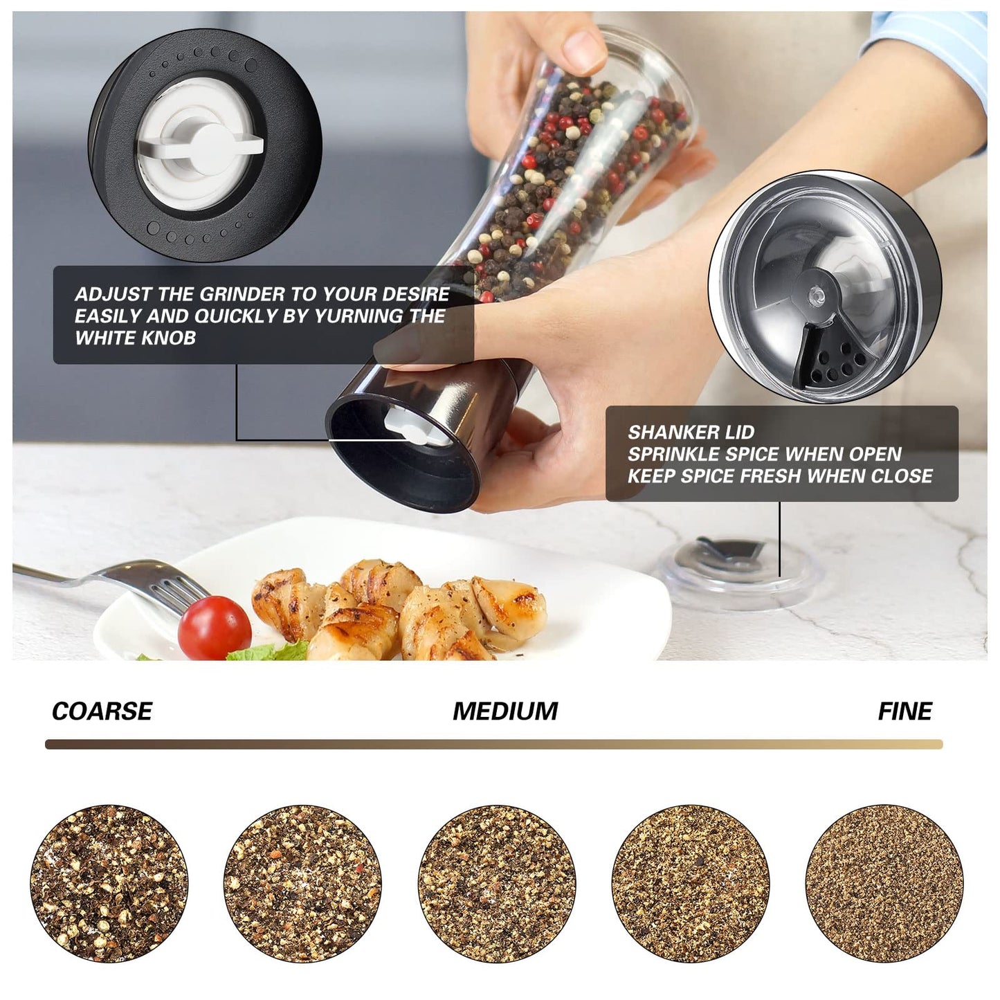 VEVOK CHEF Salt and Pepper Grinder Set Stainless Steel Black Salt and Pepper Mill with Adjustable Coarseness Salt Shaker Set Spice Grinder Black Pepper Grinder Refillable Home Kitchen