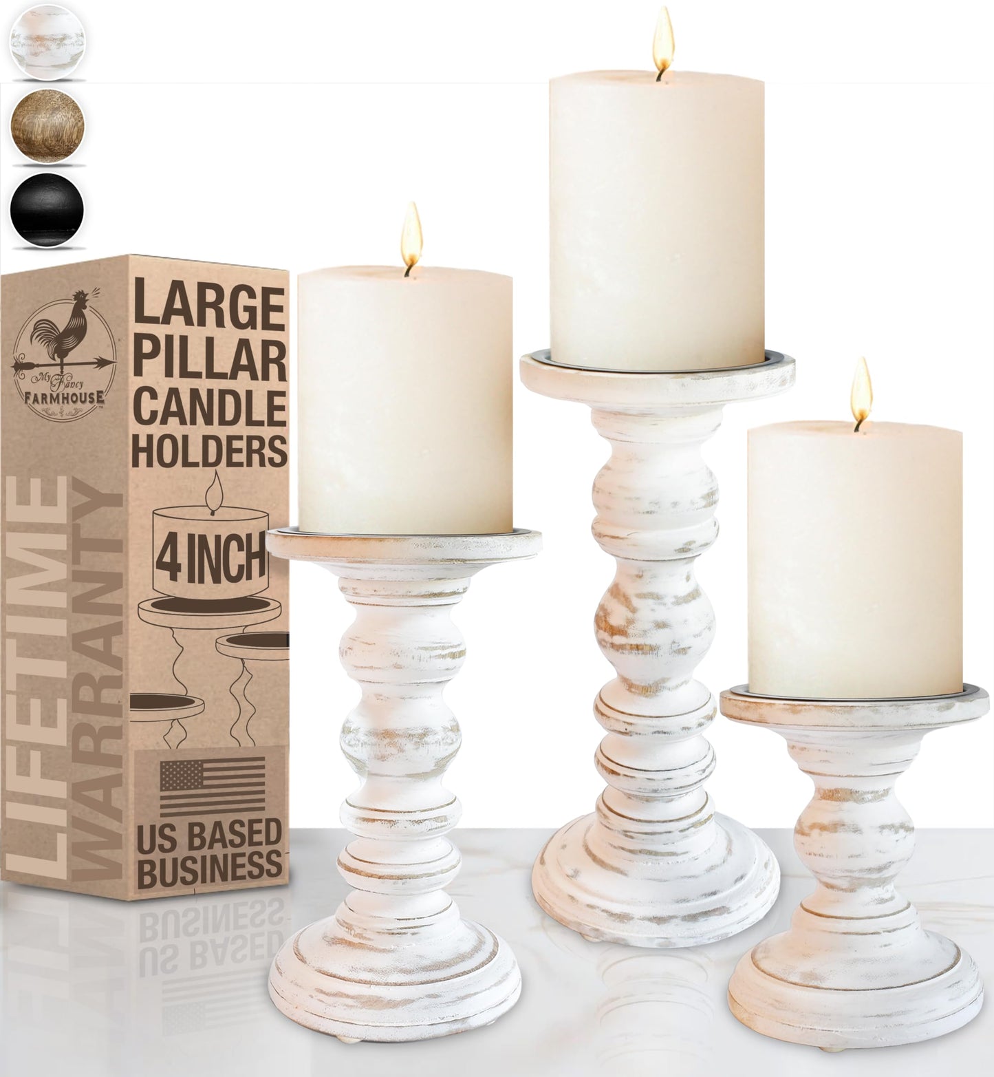 Large Candle Holders for Pillar Candles (3 Piece Set) Tall Rustic Wood Farmhouse Pillar Candlestick Stands - Fits 4 inch inch Wide Pillar Candles - Modern Candle Holder Decor (Antique White)