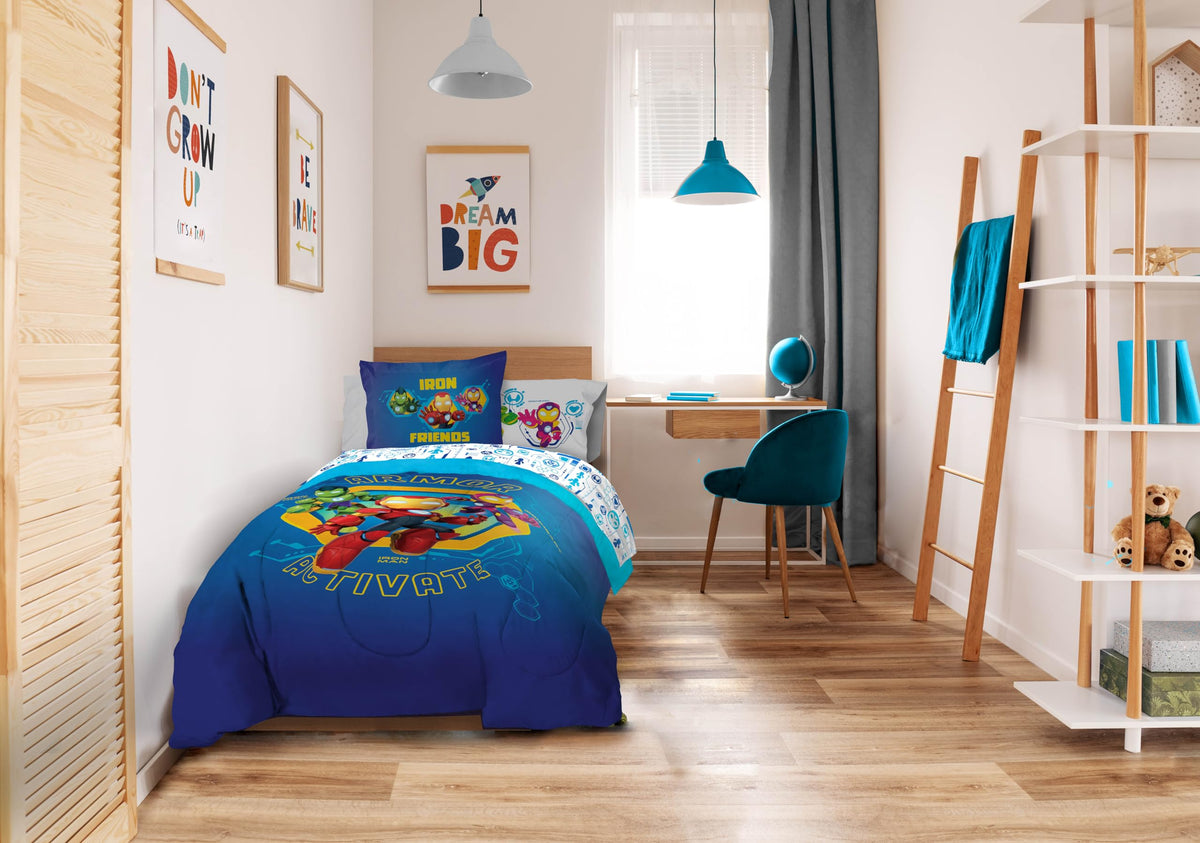 Sunny Side Up Kids Comforter Set Includes Sheets and Pillow Covers - Soft and Cozy Bed Set for Stylish Room Decor, Blue - Iron Man and His Awesome Friends, 5 Piece Twin Size Bedding