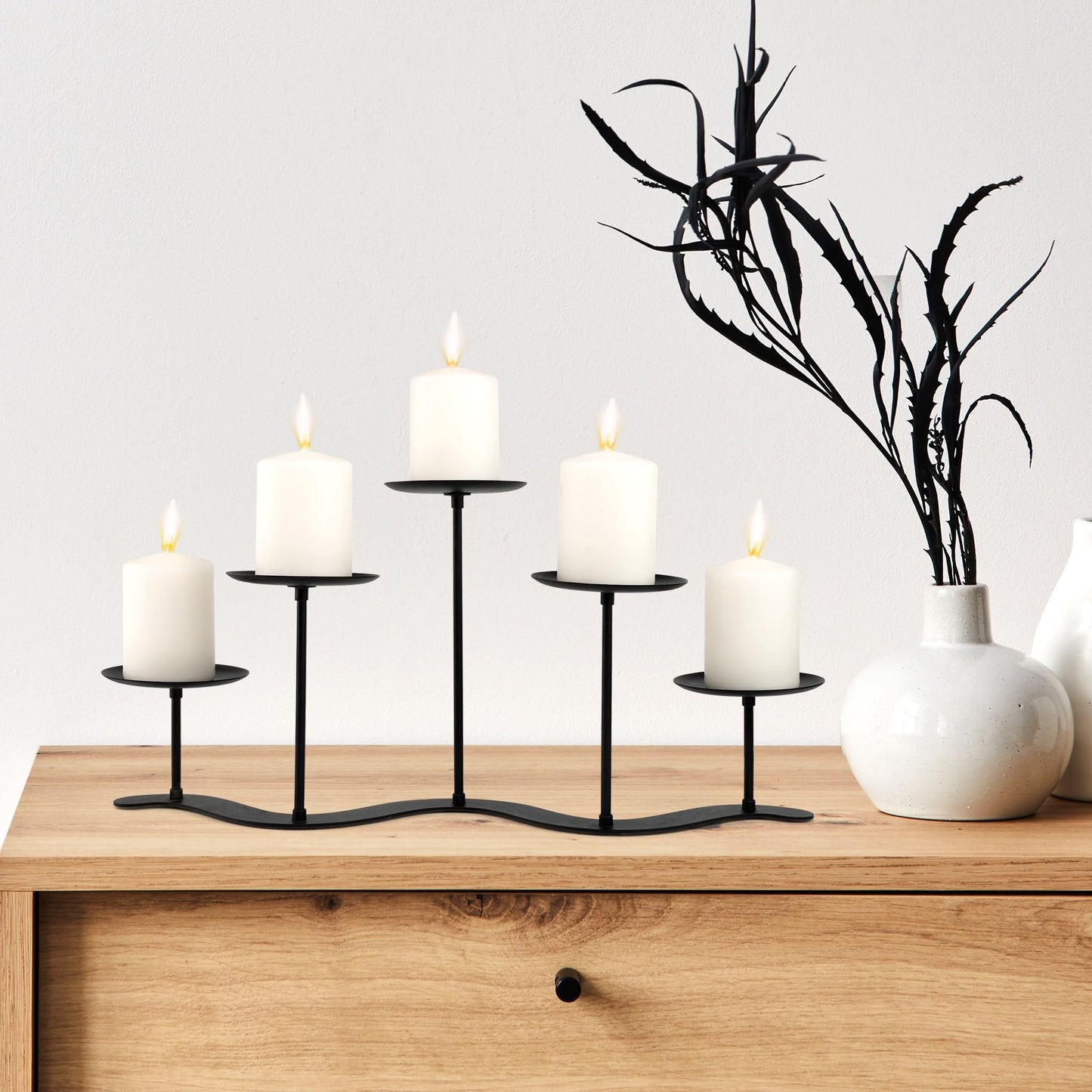 Fireplace Candle Holder for Home Decor: 17 inch Candle Stand for Indoor Dining Living Room - Black Metal Pillar Candelabra for Outdoor Wedding Party - Advent Halloween Christmas