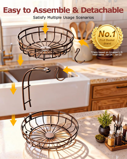 Sevenblue 2 Tier Large Fruit Basket for Kitchen Counter with Removable Banana Hanger - Sturdy Iron Fruit Bowl for Kitchen Counter and Vegetable Holder, Fruit Holder for Kitchen Countertop, Brown