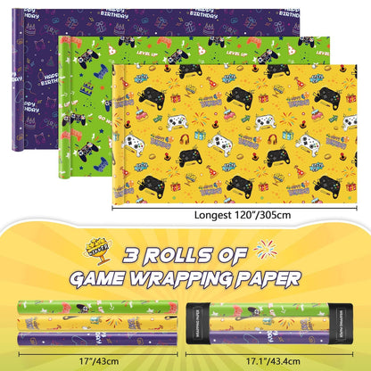WERNNSAI Gaming Wrapping Paper - 3 Rolls 43 x 305cm Birthday Wrapping Paper Kids Boys Gift Wrap Green Yellow Birthday Wrap Paper with Cutting Lines