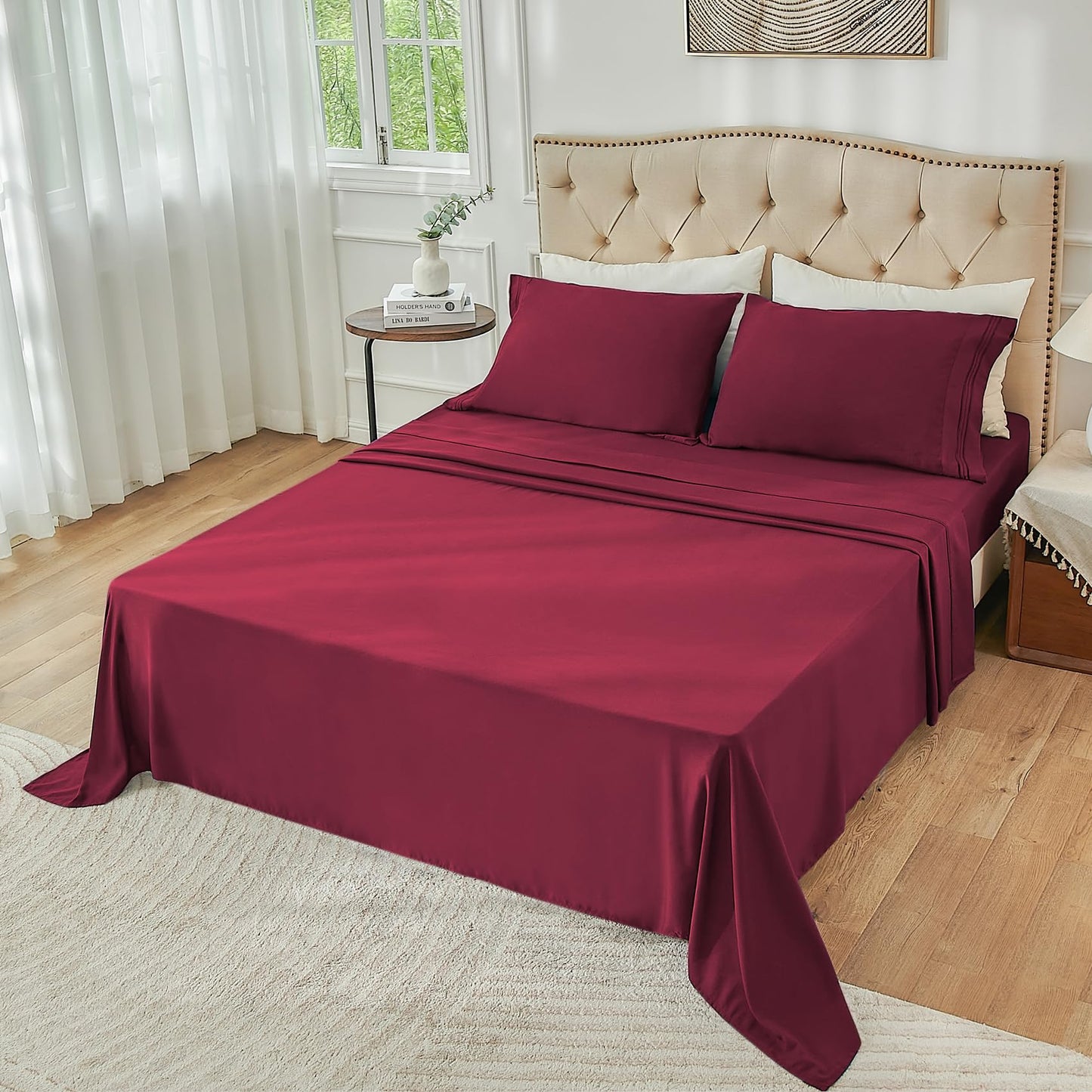 Yibeizi King Size Sheets Set Cooling Deep Pocket Bed Sheet Sets, Red Soft Microfiber Oeko-Tex Hypoallergenic Sheets & Pillowcases Wrinkle Free Bedsheets