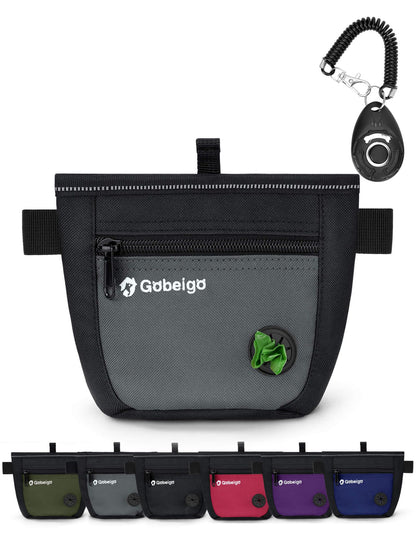 Gobeigo Dog Treat Pouch and Training Clicker, Upgrade Two Magnetic Closure to Prevent Spills, 2 Cup Treat Bag with Poop Bag Dispenser, Metal Clip Waist Belt Fanny Pack for Pet Walking (Black/Gray)