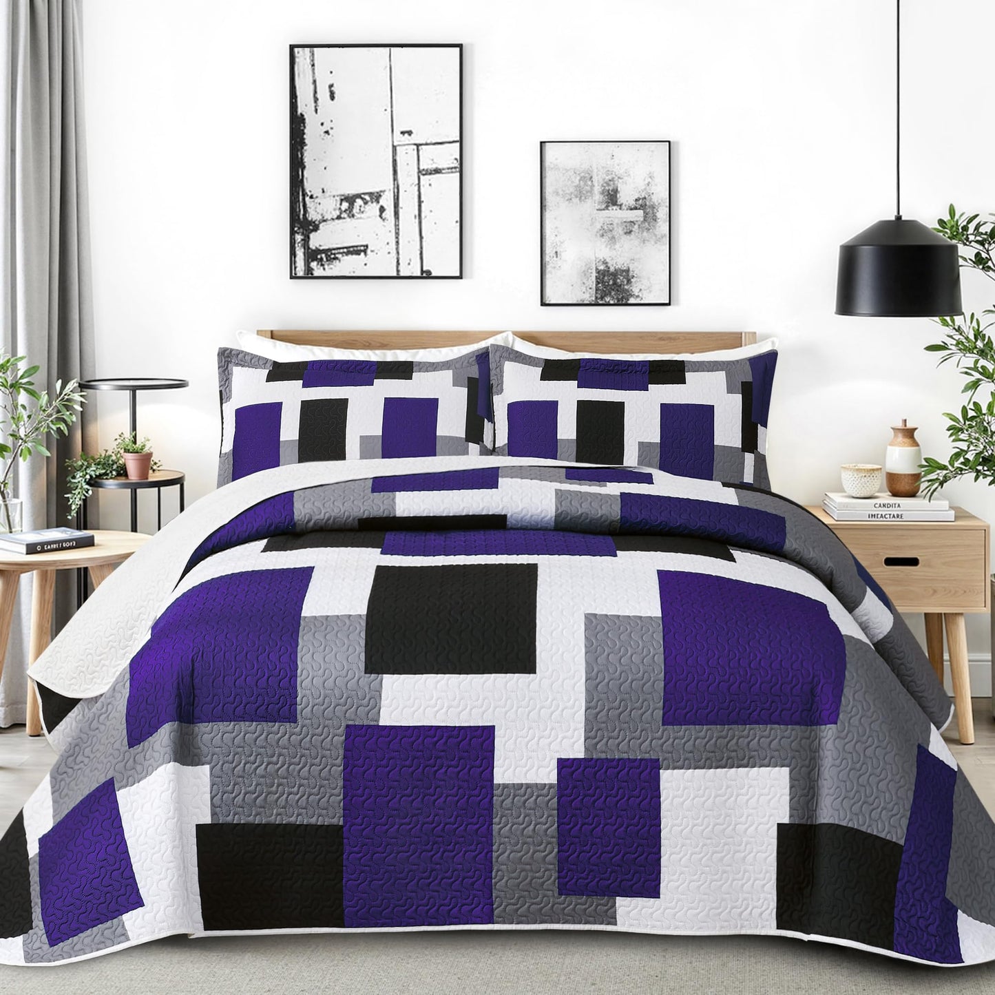 Tyrot 3 Piece Dark Purple Grey Quilt Set Full/Queen Size Black White Geometric Reversible Bedding Set Microfiber Lightweight Bedspread Coverlet with 2 Shams Modern Bed Covers for All Season, 90''x96''