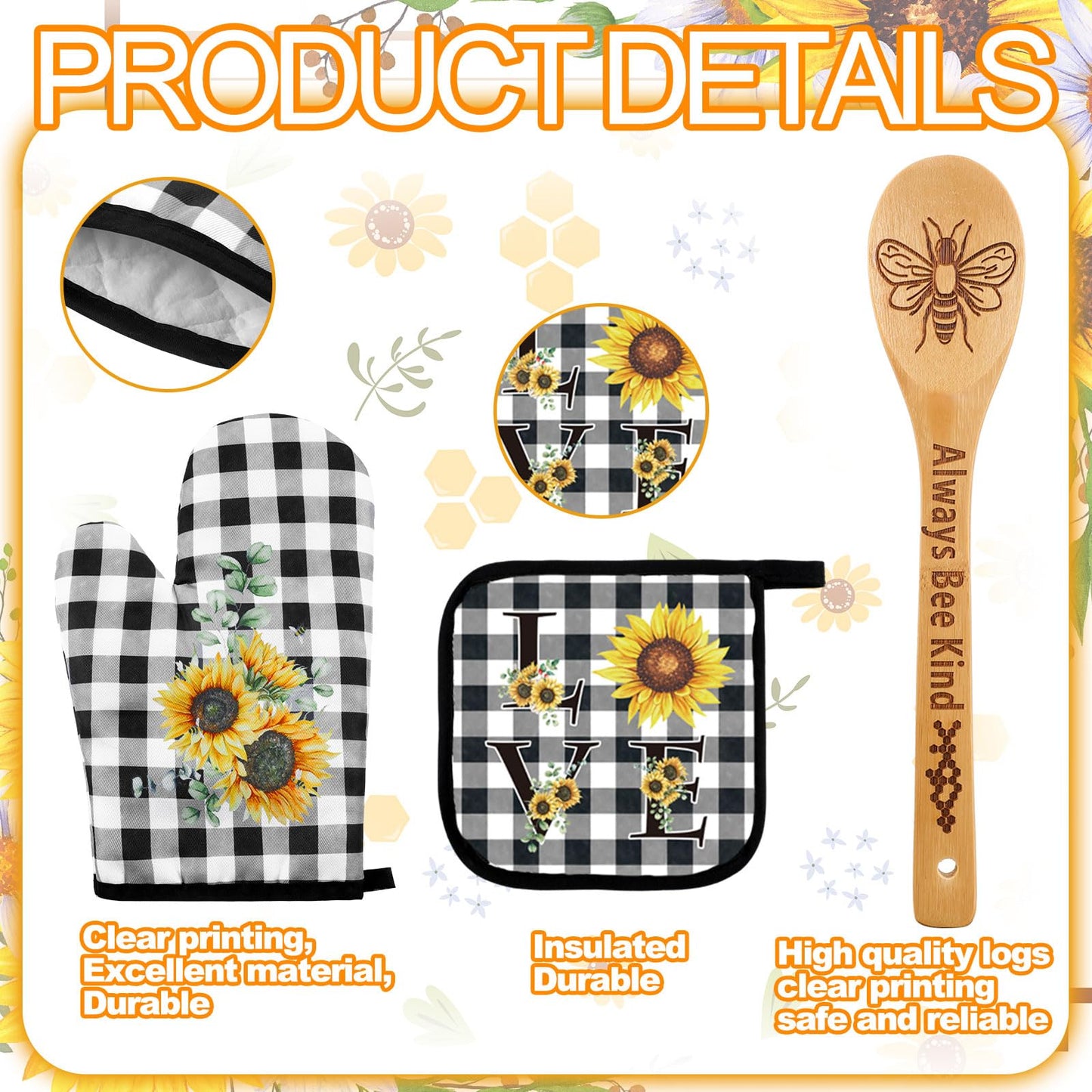 Bencailor 13 Pcs Sunflower Kitchen Set Sunshine Farmhouse Kitchen Decor Rustic Sunflower Dish Towels Retro Yellow Apron Oven Mitts and Pot Holders with Cute Wooden Tableware Set for Home