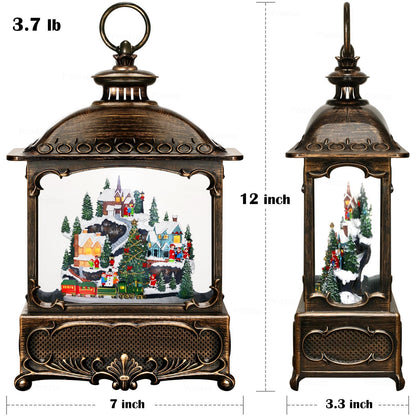 Priddop Christmas Snow Globe Lantern Christmas Decorations Gifts Snowy Village Scene Snowman Church Cabin Train Musical Glitter Snowfall USB/Battery Timer 12 inch