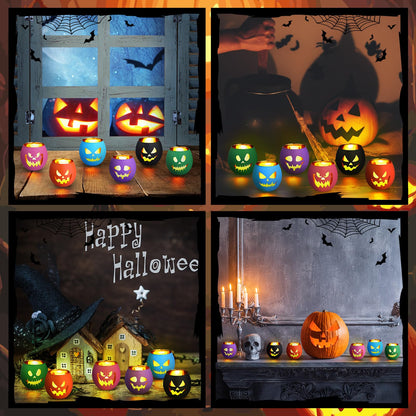 VIHOSE 6 Set Halloween Candle Holders Grimace Glass Votive Holder Tea Light with LED Battery Operated Candles Halloween Table Decorations for Home Table Centerpiece Decor Gifts