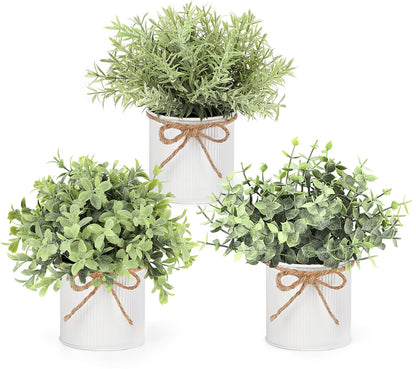Mkono Fake Plants in Farmhouse Galvanized Metal Pots Table Centerpiece Rustic Home Decor, 3 Pack Potted Artificial Plants Faux Eucalyptus for Shelf Indoor Dining Room Office