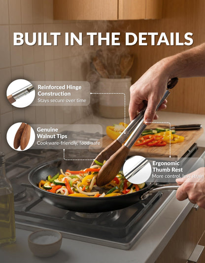 Boxiki Kitchen 9 Inch Tongs for Cooking with Wooden Tips - Nonstick Kitchen Tongs for Serving Food, Cooking, BBQ and Tossing Salad - Made of Walnut Wood